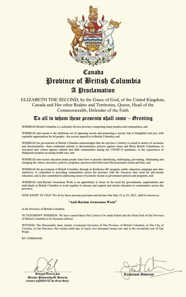 Anti-Racism Awareness Week 2021 Proclamation from the Province