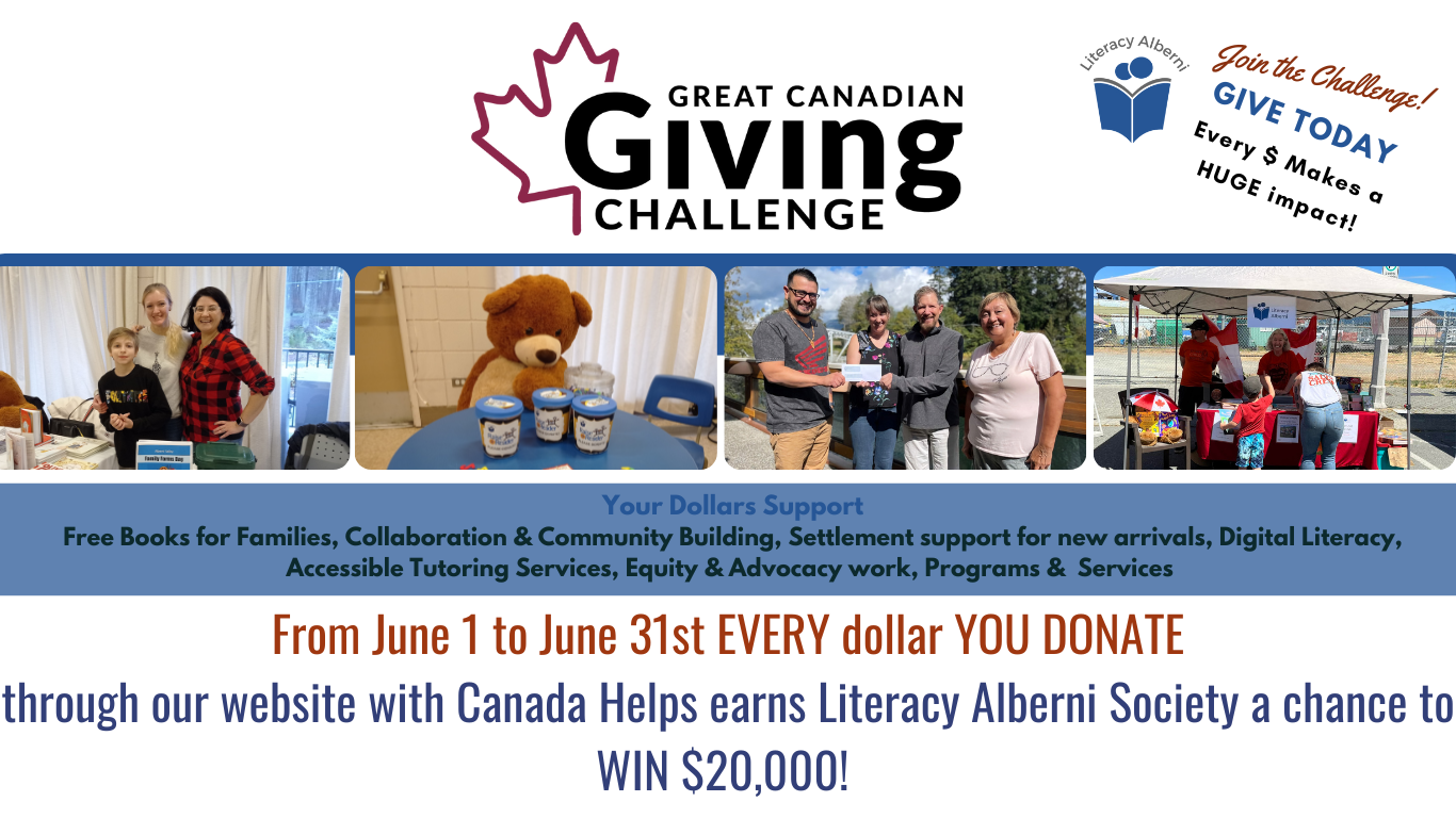 From June 1 to June 31st EVERY dollar YOU DONATE through our website with Canada Helps earns Literacy Alberni Society a chance to WIN S20,000!