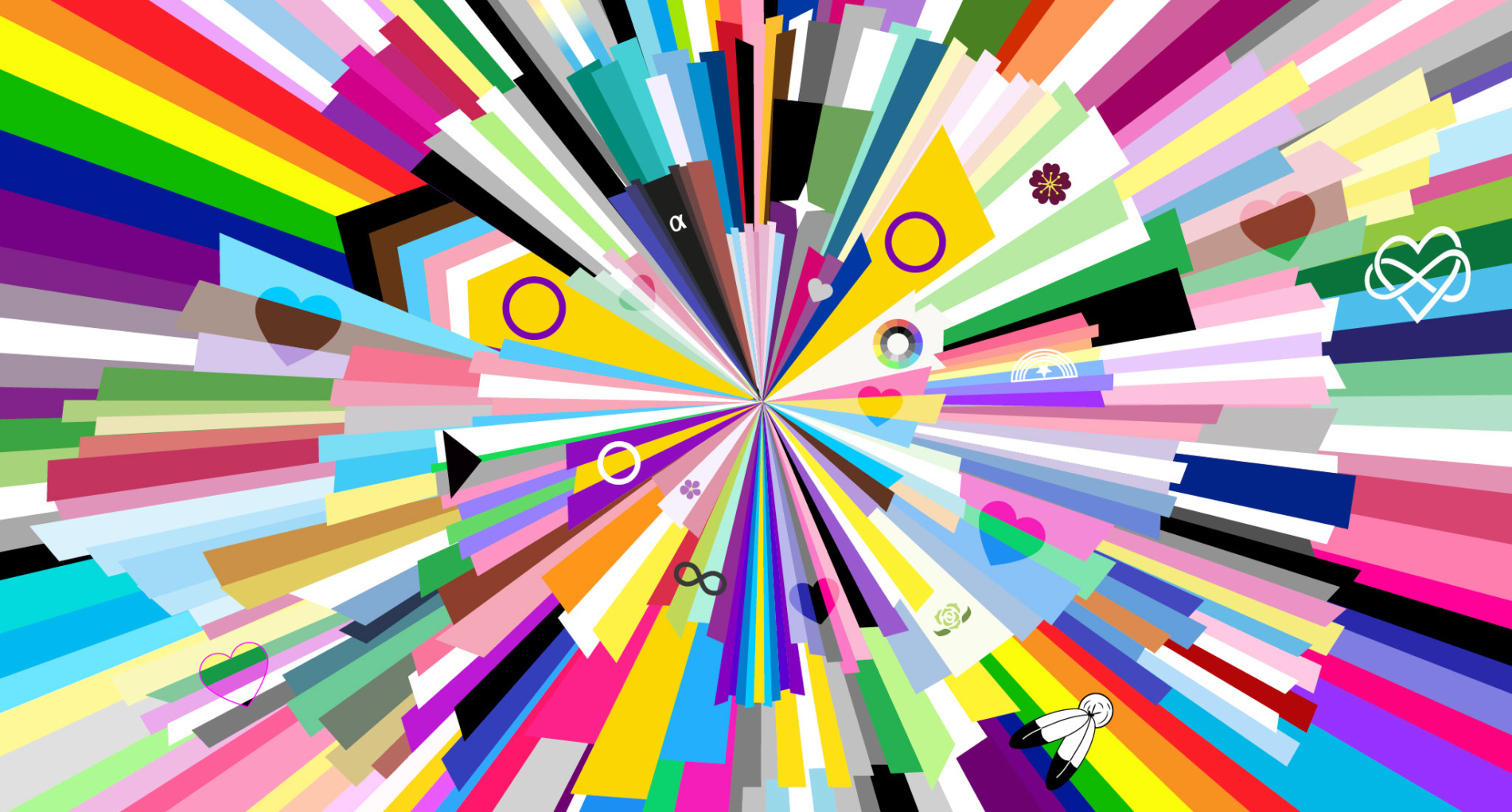 The following flags are represented in this graphic: Abrosexual, Abroromantic, Aceflux, Achillean, Agender, Ally, Ambiamorous, Androgynous, Androromantic, Androsexual, Aporagender, Aroace, Aroflux, Aromantic, Asexual, A-Spec, Bigender, Biromantic, Bisexual, Ceteroromantic, Ceterosexual, Demiboy, Demifluid, Demigender, Demigirl, Demiromantic, Demisexual, Diamoric, Egogender, Frayromantic, Gay men, Genderfluid, Genderflux, Gender neutral, Gender questioning, Genderqueer, Gray-asexual, Graygender, Gyneromantic, Gynesexual, Hijara, Intergender, Intersex, Lesbian, Maverique, MOGAI, Multigender, Multisexual, Neurogender, Neutrois, Non-binary, Omniromantic, Omnisexual, Pangender, Panromantic, Pansexual, Polyamorous, Polygender, Polyromantic, Polysexual, Pomosexual, Pride (LGBTQIA+), Queer, Sapphic, Straight queer, Transfeminine, Transgender, Transmasculine, Transneutral, Trigender, Two-spirit, Unlabeled, Waria, Xenogender.